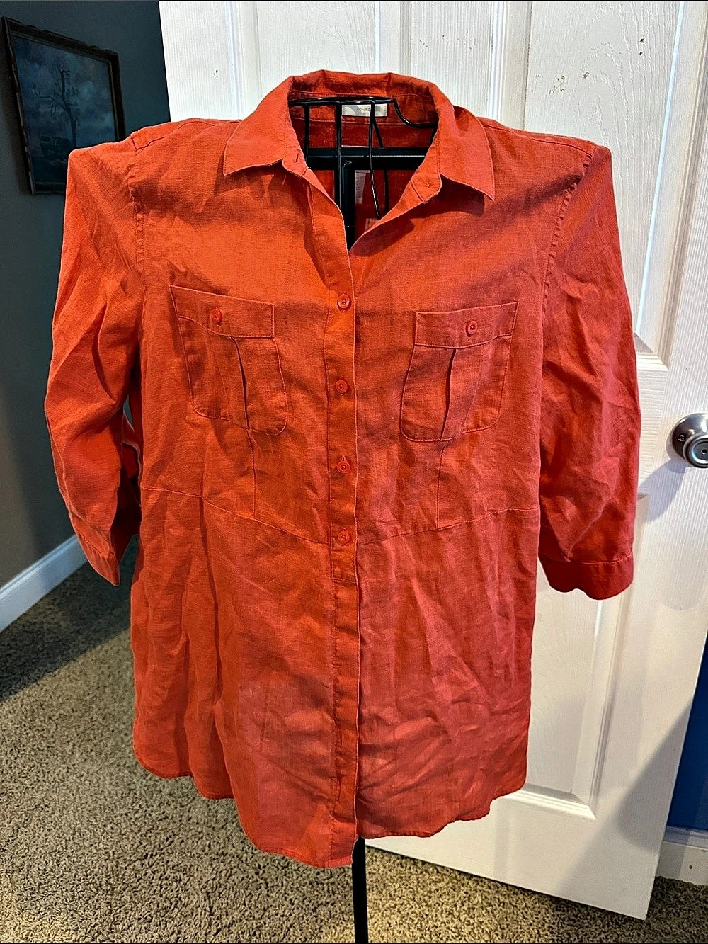Chico's Linen Button Down Shirt Burnt Orange Adjustable Sleeves Size 2 No Iron